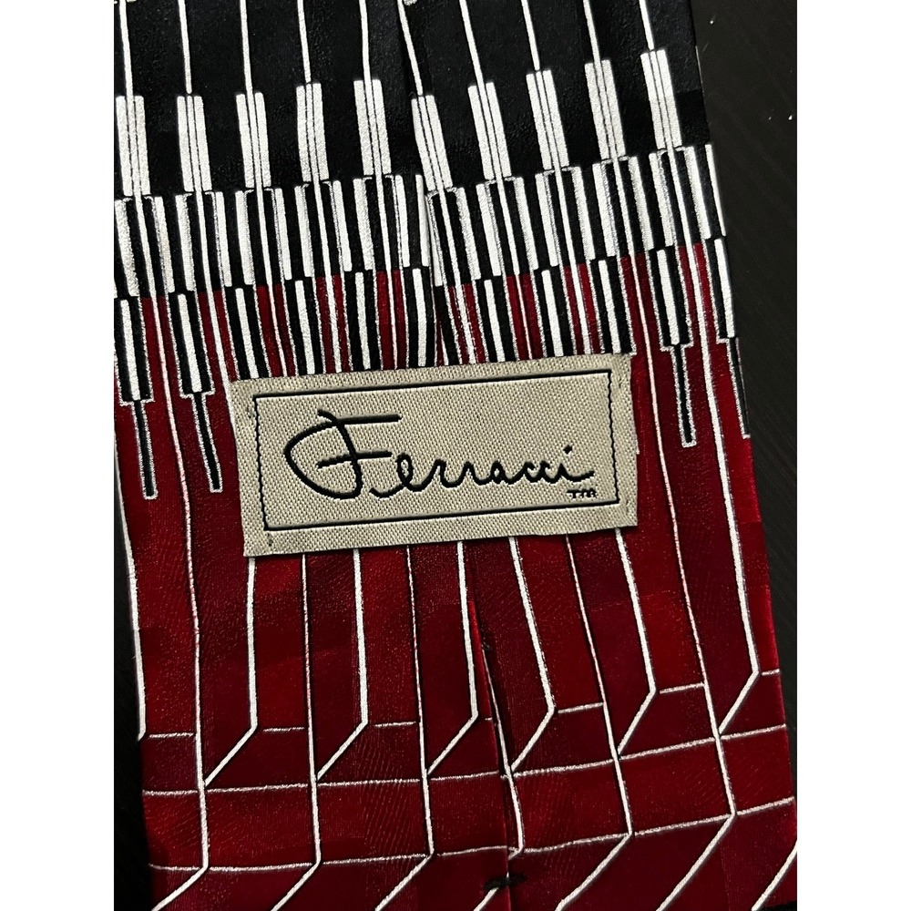 Ferracci Mens Silk Tie Red Black Silver Geometric Piano Key Music Theme USA Made - Picture 4 of 7